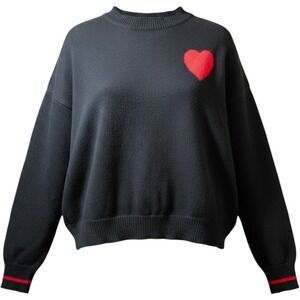 PLUS XXL 2XL Black Crew Neck Pullover Sweater red heart chest red accent stripe